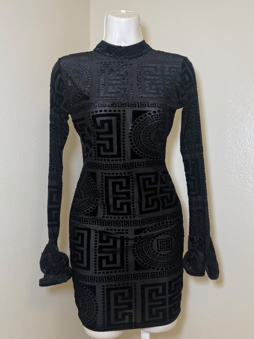 P.O.P Black Greek Key Mesh Open-Back Ruffle Cuff Mini Dress Small